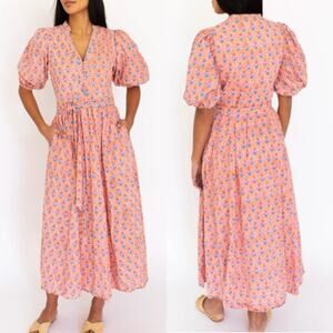 Marea Colette Coral Multi Floral Short Puff Sleeves Cottagecore Midi Dress Large